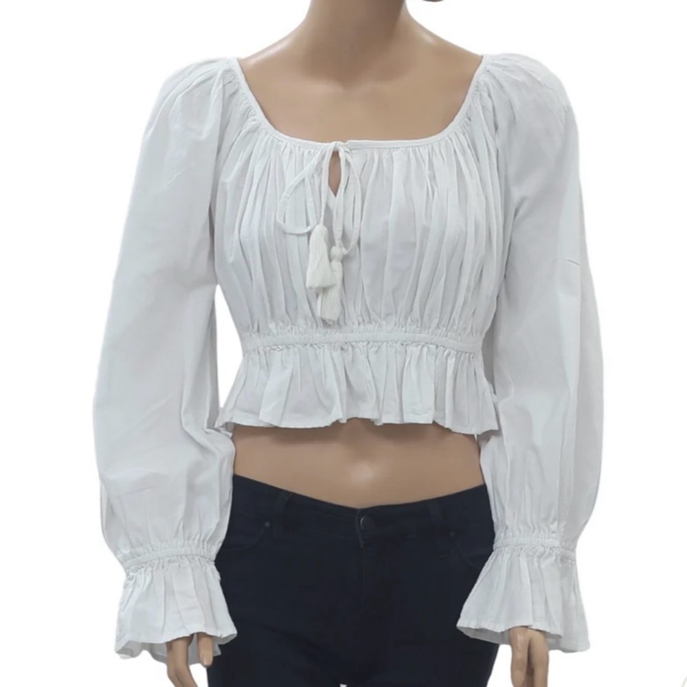 Happy X Nature Kate Hudson White Peasant Cotton Blouse Cropped Top Size Small - Picture 2 of 6